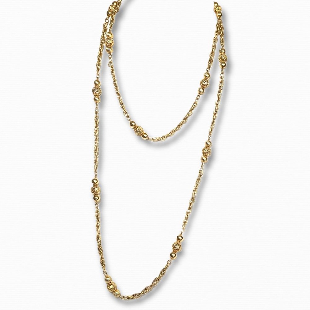 Necklace VTG Monet 54" Lasso Chain Gold Plate Filigree Beeds
